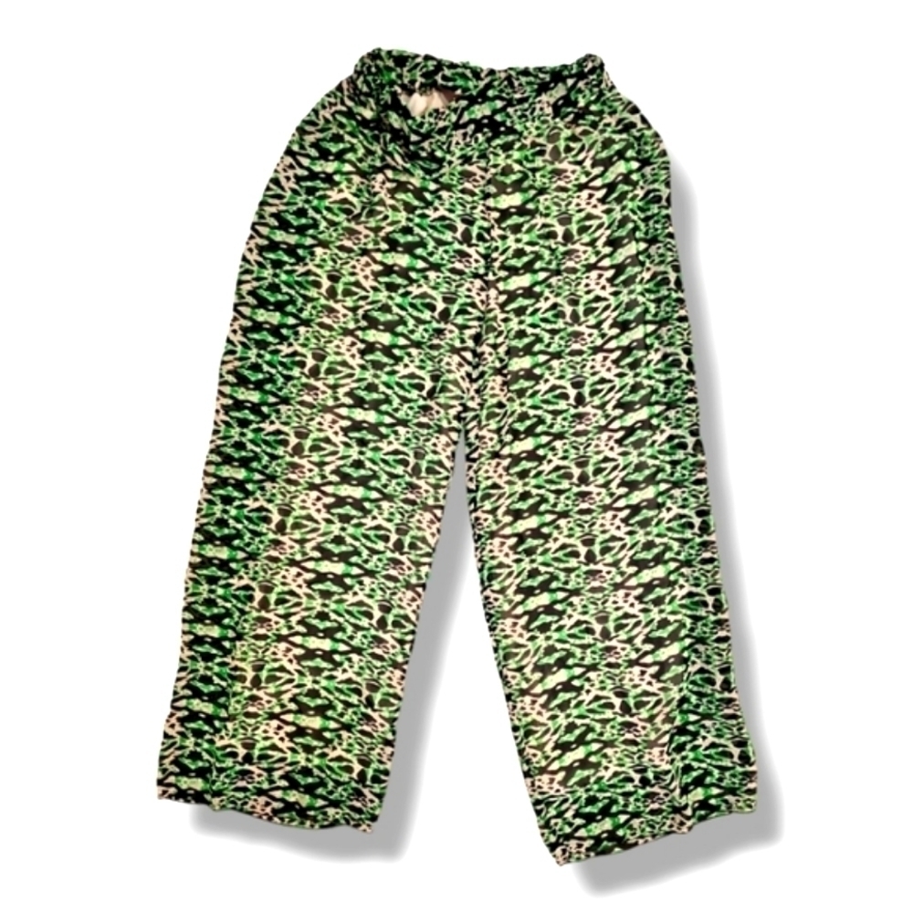 Lola Green, Cream And Black Printed Silk Blend Wide Leg Pants - Size Medium
